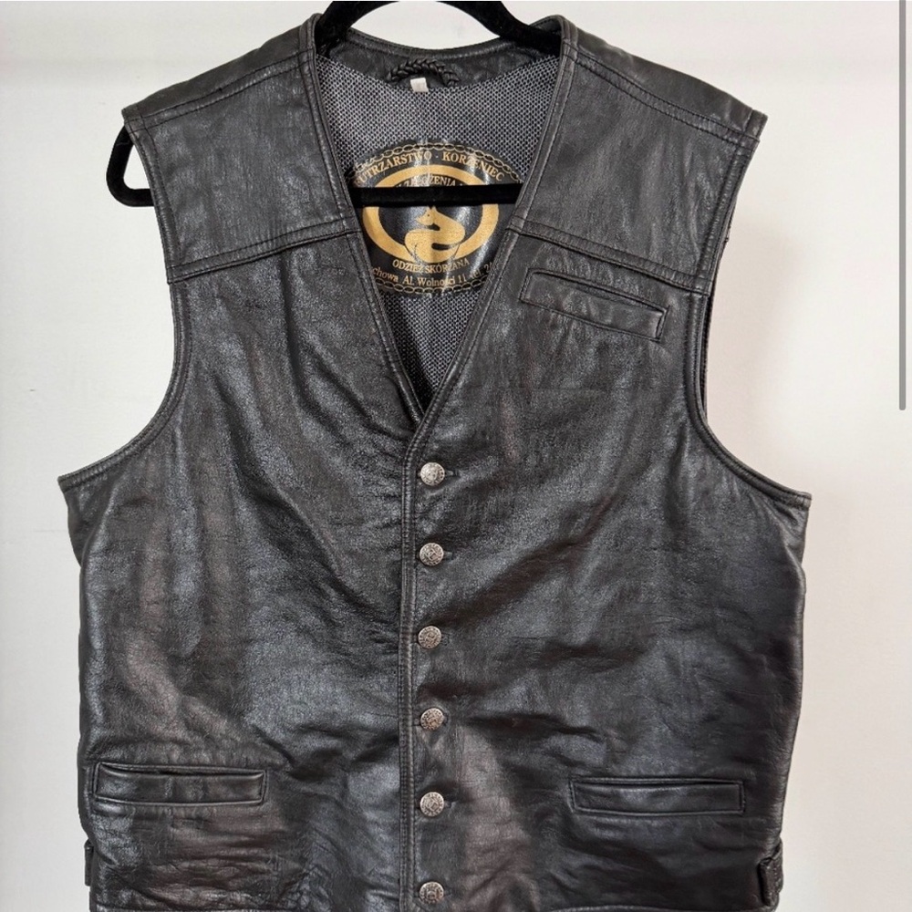 mens black leather vest with metal detailing - Picture 3 of 5